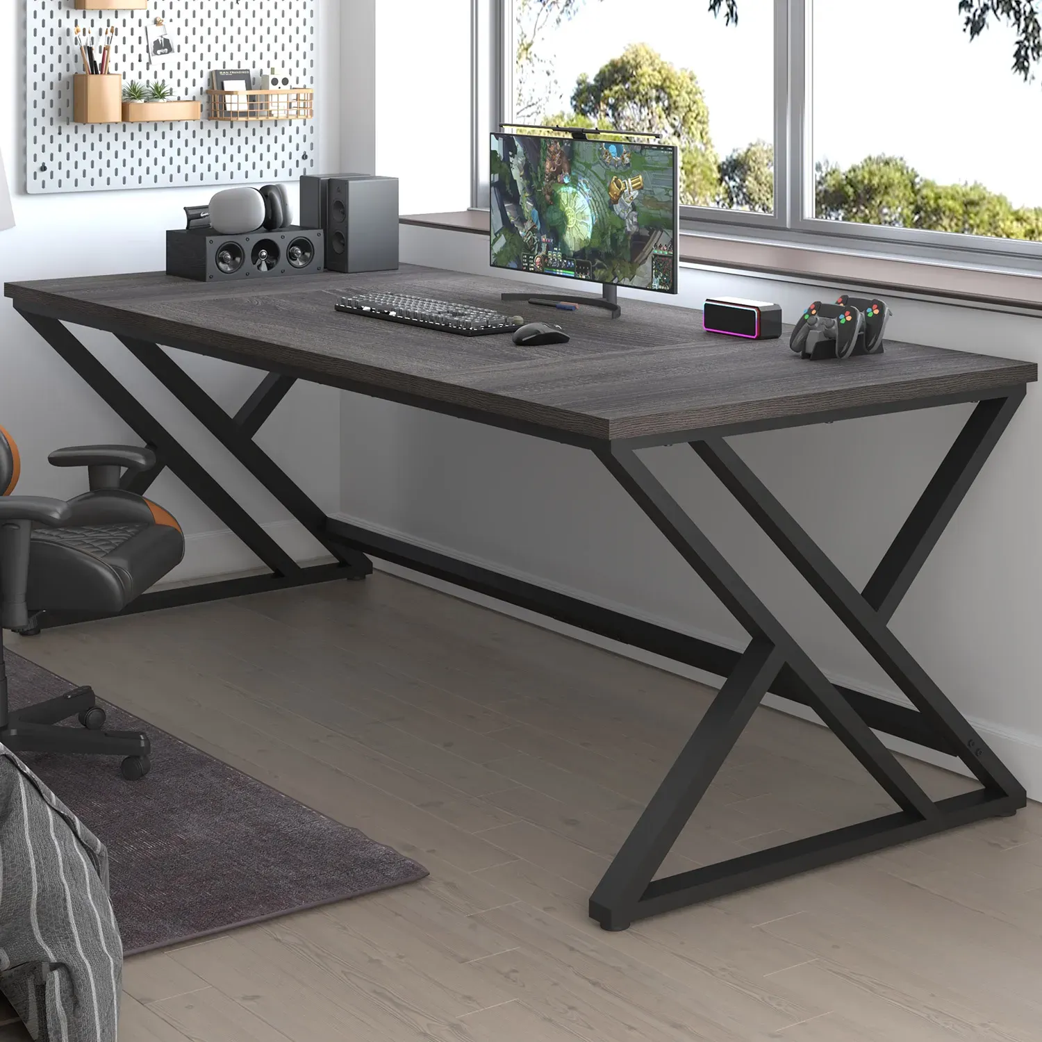 Lång y -formad bendator skrivbord, Mörkgrå ek 78.74 Inch_03