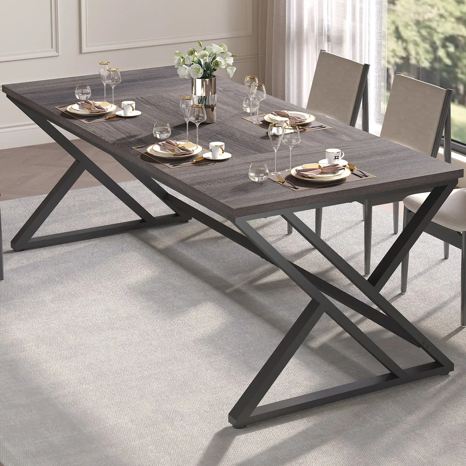 Lång y -formad bendator skrivbord, Mörkgrå ek 78.74 Inch_04