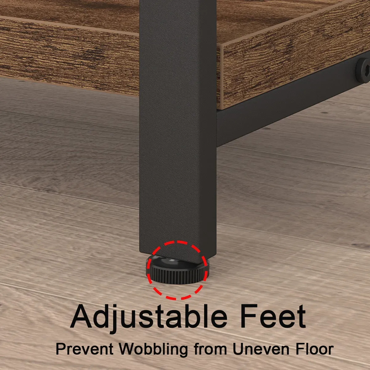 Karibu-up ya 04.01.c_ 结果 mguu wa fanicha na mguu unaoweza kubadilishwa, Iliyoangaziwa na duara nyekundu iliyokatwa kwenye sakafu ya mbao. Maandishi: "Adjustable Feet. Kuzuia kutetemeka kutoka sakafu isiyo sawa." Uboreshaji wa OEM/ODM unapatikana.