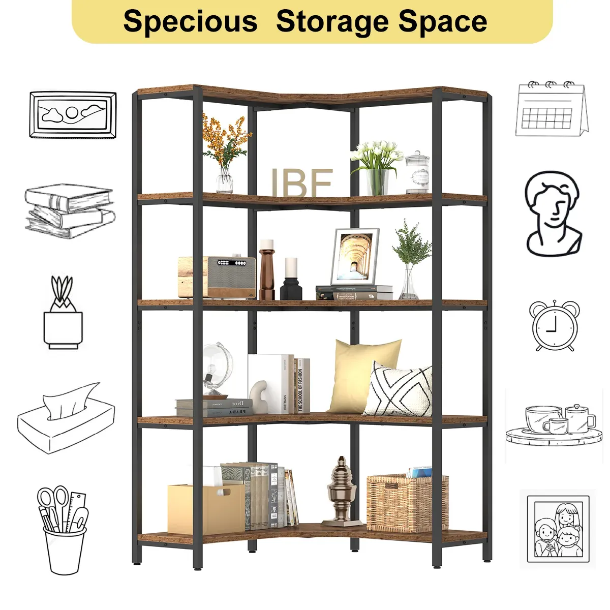 5 Bookhelf ya umbo la L-umbo, Rustic Brown_05