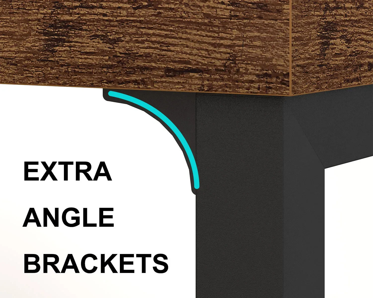 Close-up of a table corner reinforced with 06.01.C_结果 extra angle brackets—labeled "EXTRA ANGLE BRACKETS" vlevo - perfektní pro řešení OEM nebo ODM nábytku.