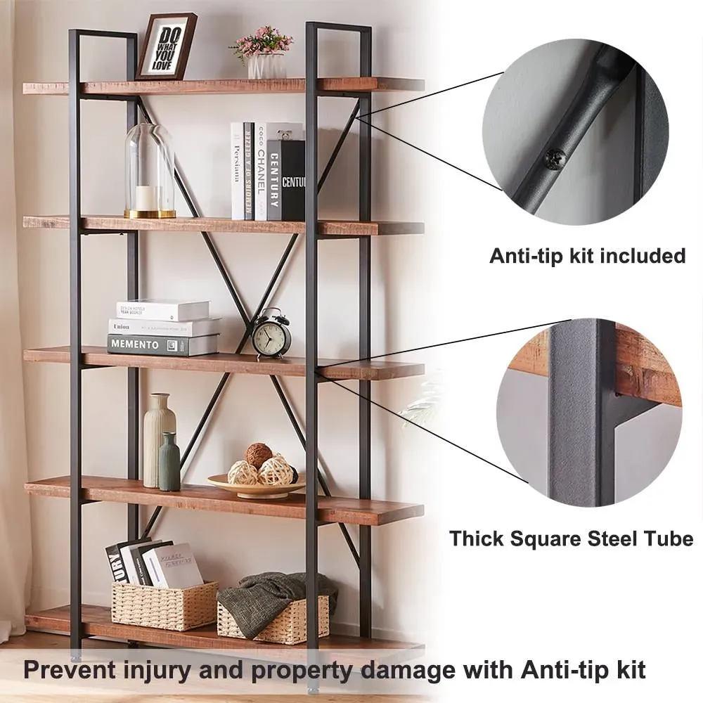 In 06.03 Lignum Lignum Bookcase est A V-Tier Industrial rusticus Kessinger Etagere bookshelf cum aperto metallum frame in perturbato brunneis. Propinquus-ups ostendere anti-tip ornamentum et ferro fistulam, Plus salus nuntium; OEM / ODM Available.