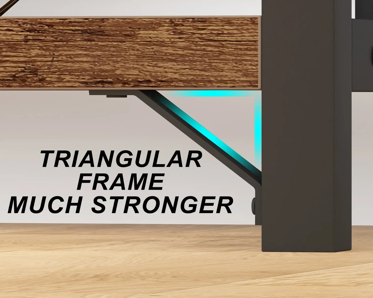 Close-up of 07.01.C_结果 bed frame's corner shows a triangular support beam with the text “TRIANGULAR FRAME MUCH STRONGERâ€â€”perfect for OEM and ODM projects needing enhanced durability.