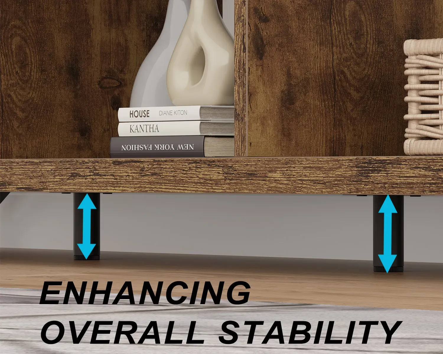 Dvě modré šipky označují podpůrné nohy pod 08.01.C-1_ 结果 Dřevěná police na dřevěné podlaze, with the text "ENHANCING OVERALL STABILITY" zvýraznění funkcí dostupných pro řešení ODM i OEM.