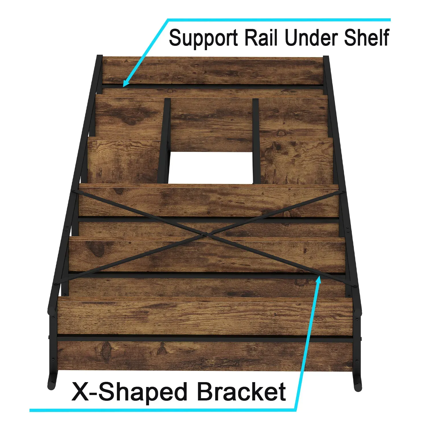 O 6 Estante de estante de camada, Oak Brown Rustic_04 possui uma unidade de prateleira de madeira com enquadramento de metal preto, Rail de suporte destacado sob a prateleira, e um suporte traseiro em forma de X. Adequado para a personalização ODM e OEM.