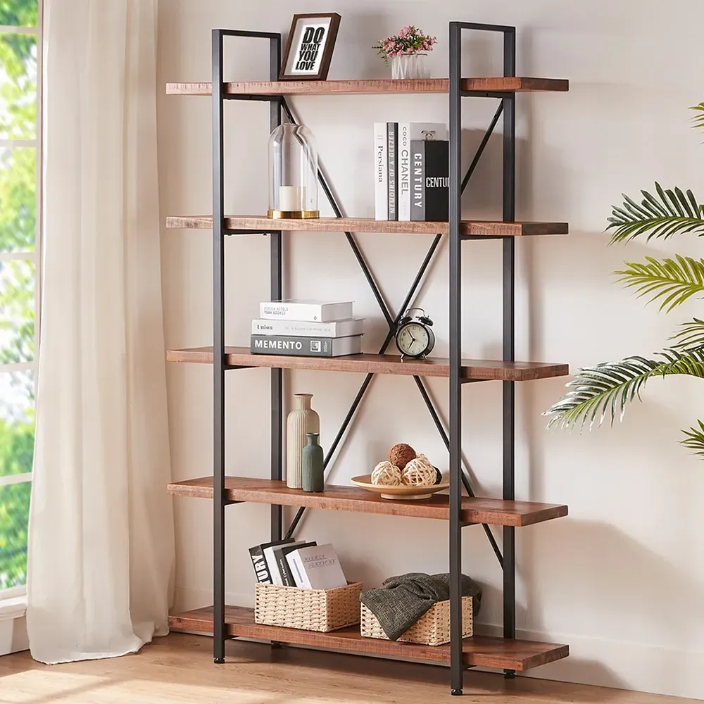 Et 1_ 结果 est lignea et metallum bookshelf cum quinque skes for librorum, decor, canes, aut plantis, posita iuxta fenestram potted plant; Available pro ODM aut OEM CUTMIZON.