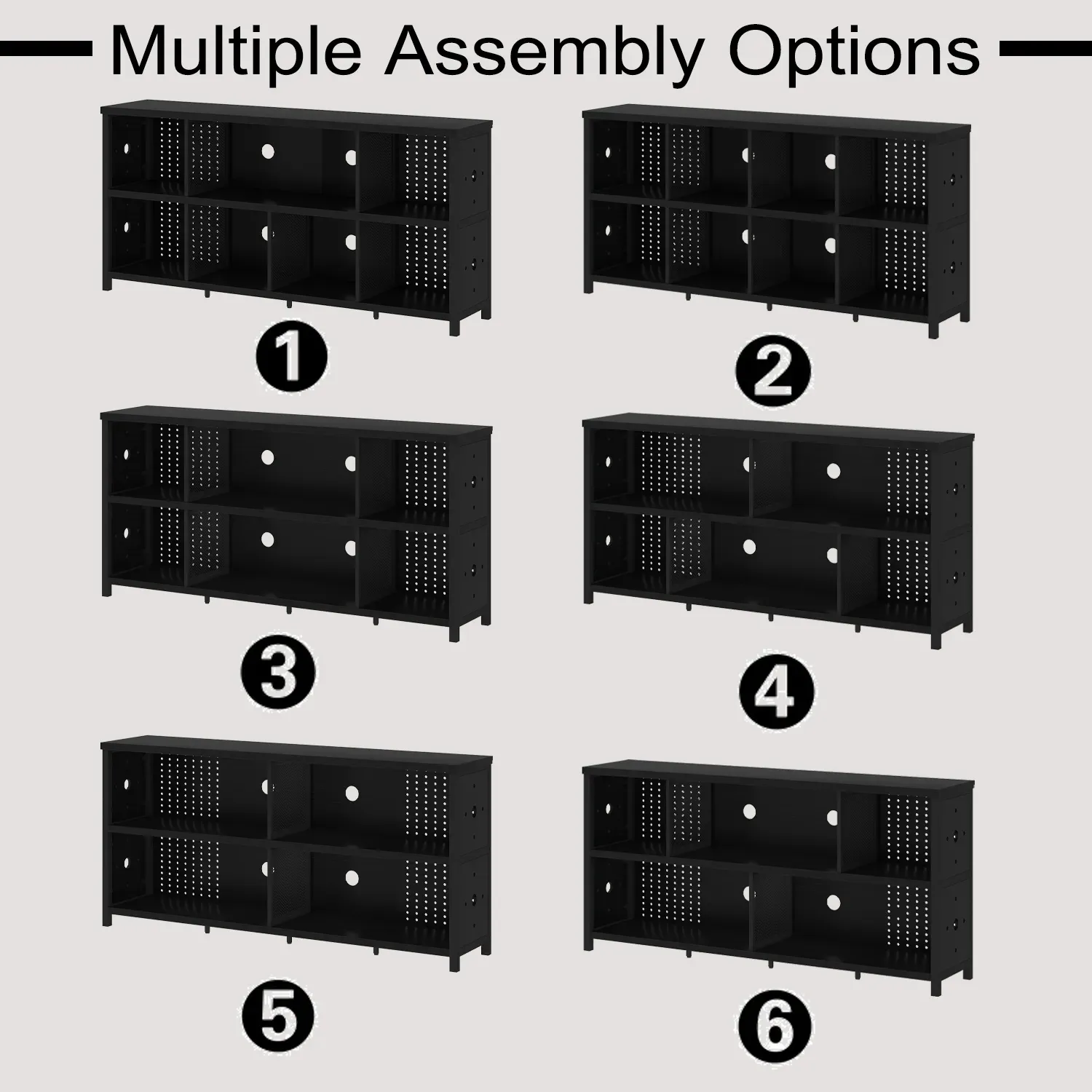 The 7 Cube Späichere Organisatorin Regel am schwaarze Oak (63 Zoll) gëtt a sechs verschidde Versammlungskonfiguratiounen gewisen, markéiert 1 zu 6, under "Multiple Assembly Options"—a versatile storage solution for any space.