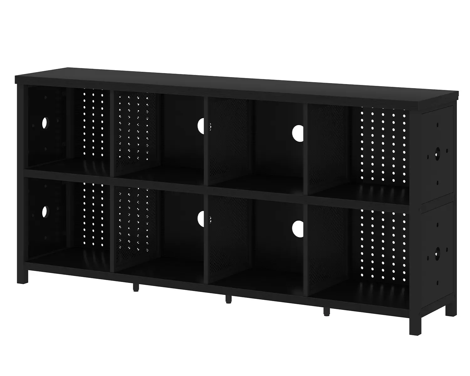 The 7 Cube Späichere Organisatorin Regel am schwaarze Oak, 63 Zoll laang, Kaaft e rechteckegt Design mat siwen oppene Kubbien an zwou Reihen a perforéiert Säit an zréck Panels fir e modernen Look.