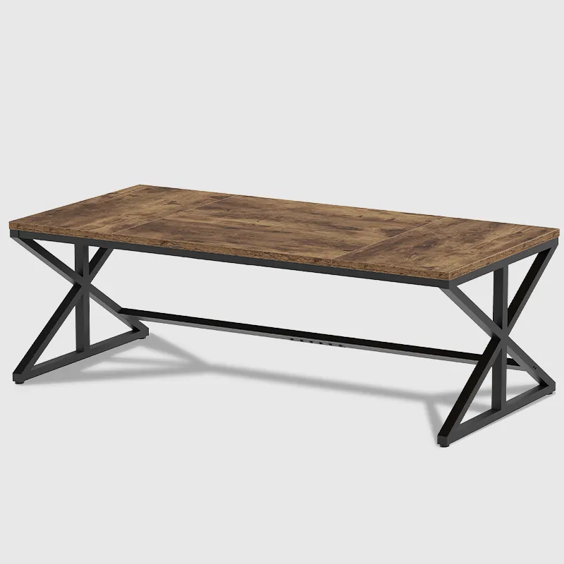 Ang 70.86 Inch computer desk sa rustic brown ay nagtatampok ng isang madilim na metal frame na may mga cross legs, ipinapakita laban sa isang payak na puting background.