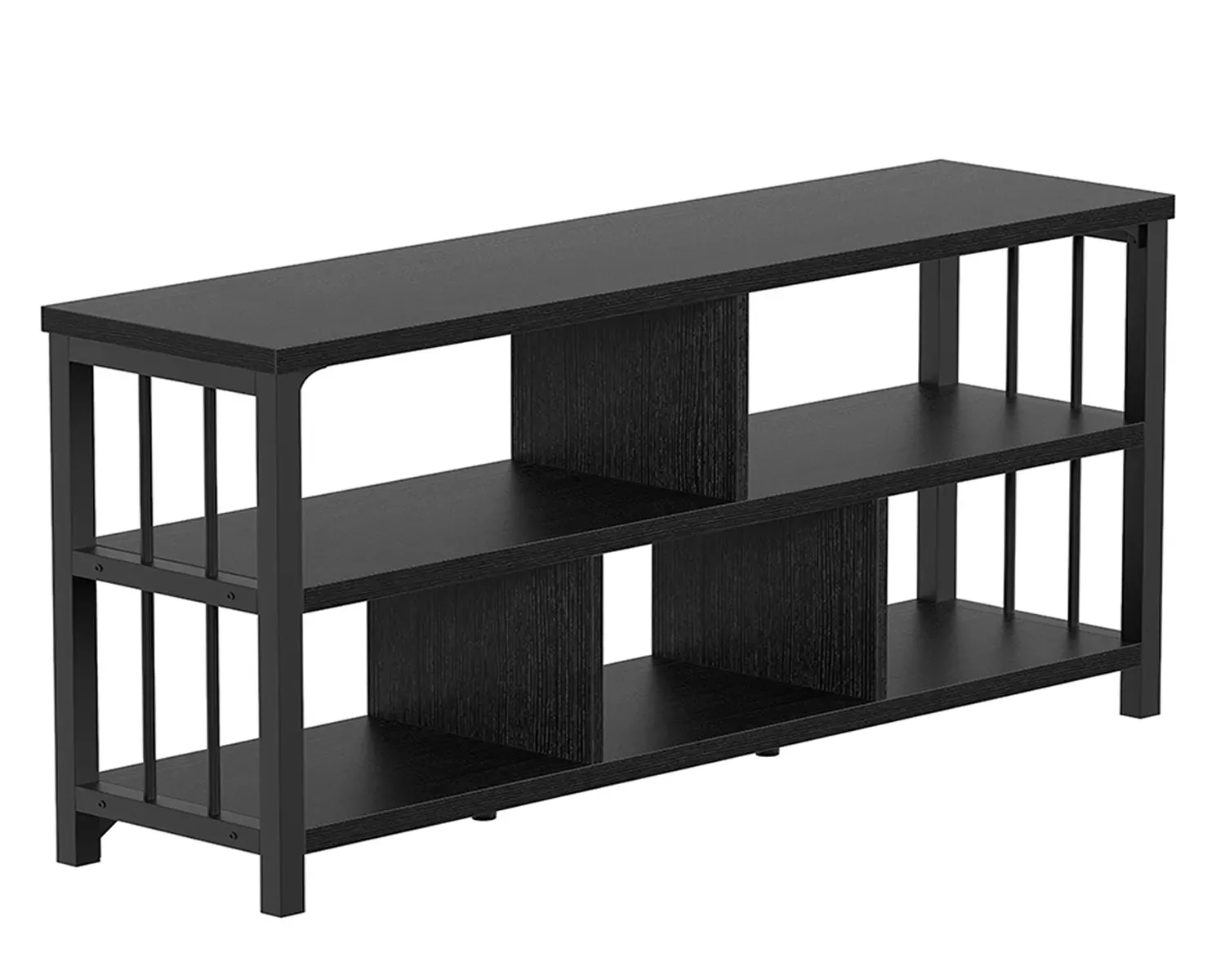 Il 9_结果 è un porta TV in legno nero caratterizzato da due ripiani aperti e doghe laterali verticali, offerto con opzioni di personalizzazione sia ODM che OEM.