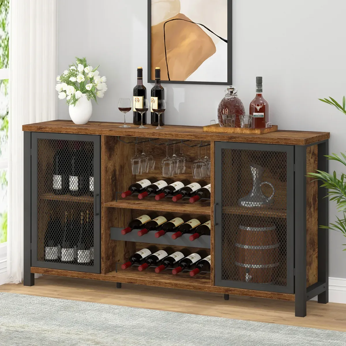 Wäin Bar Cabinet fir Likör a Brëller, Rustikal brong_01