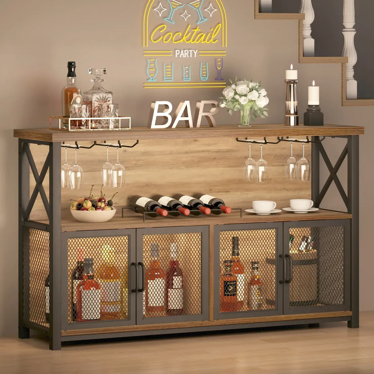 Kaffibar skápur fyrir áfengi og gleraugu, Rustic Oak_01