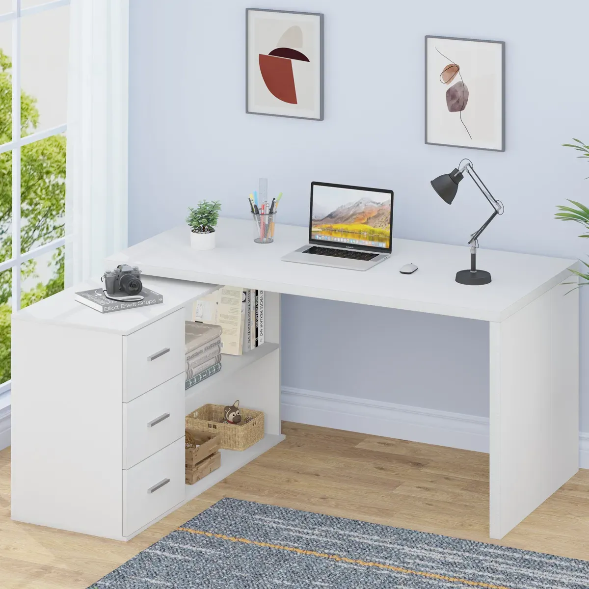 E bopehile 360 Ho potoloha ha desk ea khomphutha e nang le 3 Drawers, White Oak_01