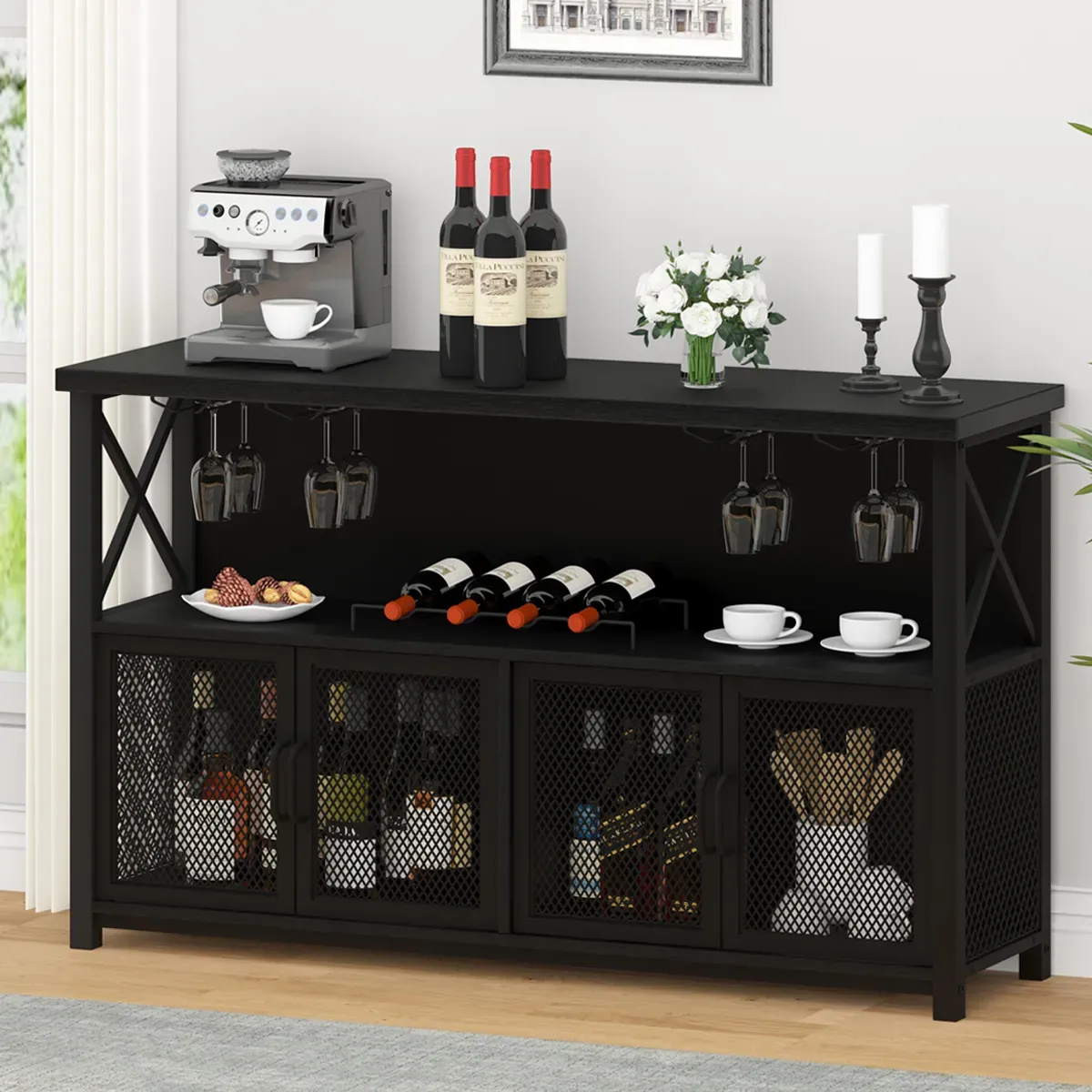 Kabinet Bar Kopi untuk Minuman Keras dan Kacamata, Oak_01 hitam