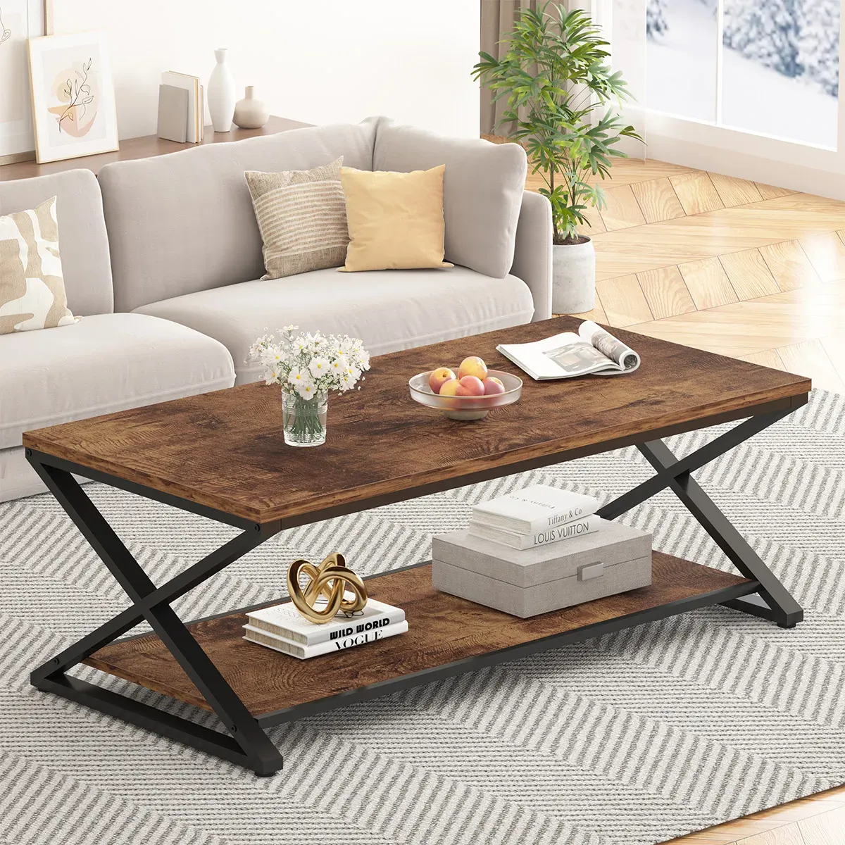 X konferenÄnà stolek ve tvaru nohy s policÃ, Rustikálnà hnÄ›dá, 47 Inch_01