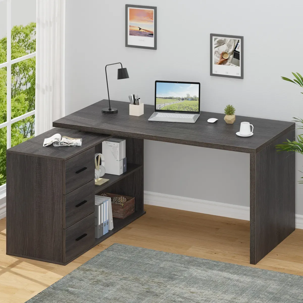 L em forma 360 Girando a mesa de computador com 3 Gavetas, Oak Gray Dark_01