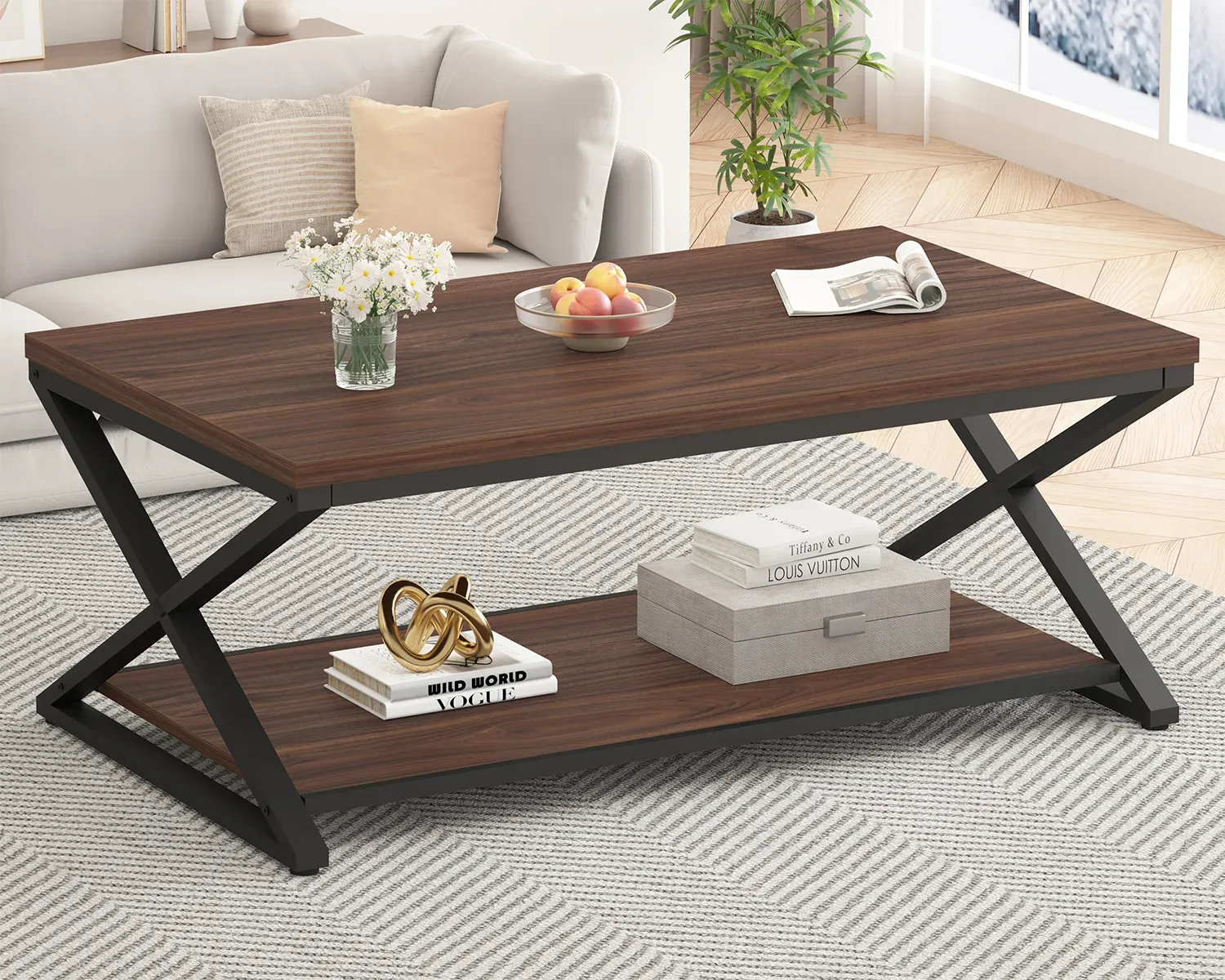 X Hugis ng Leg Coffee Table na may istante, Walnut, 47 Inch_01