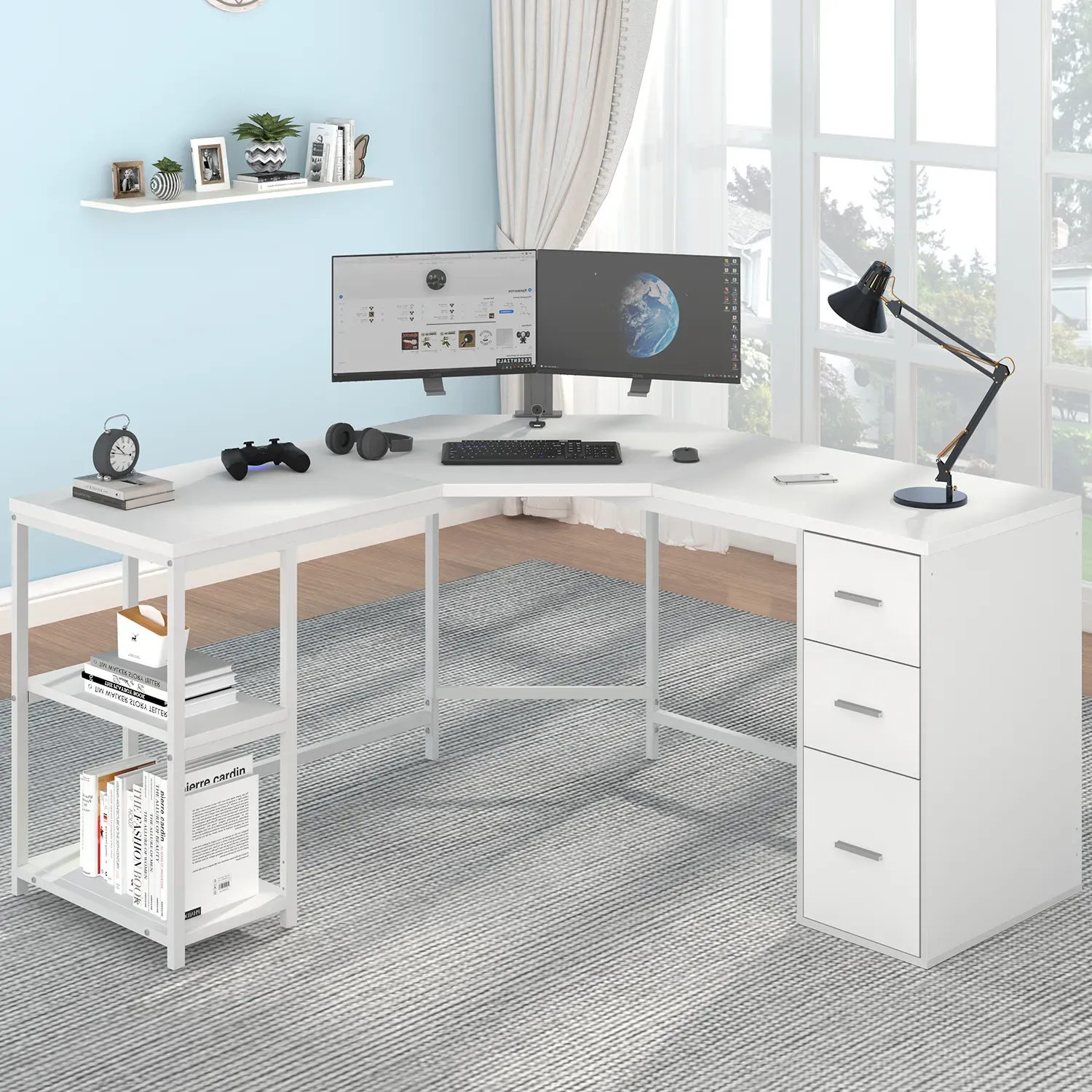 L Shape Desk com gavetas e prateleira de armazenamento, Oak_01 branco