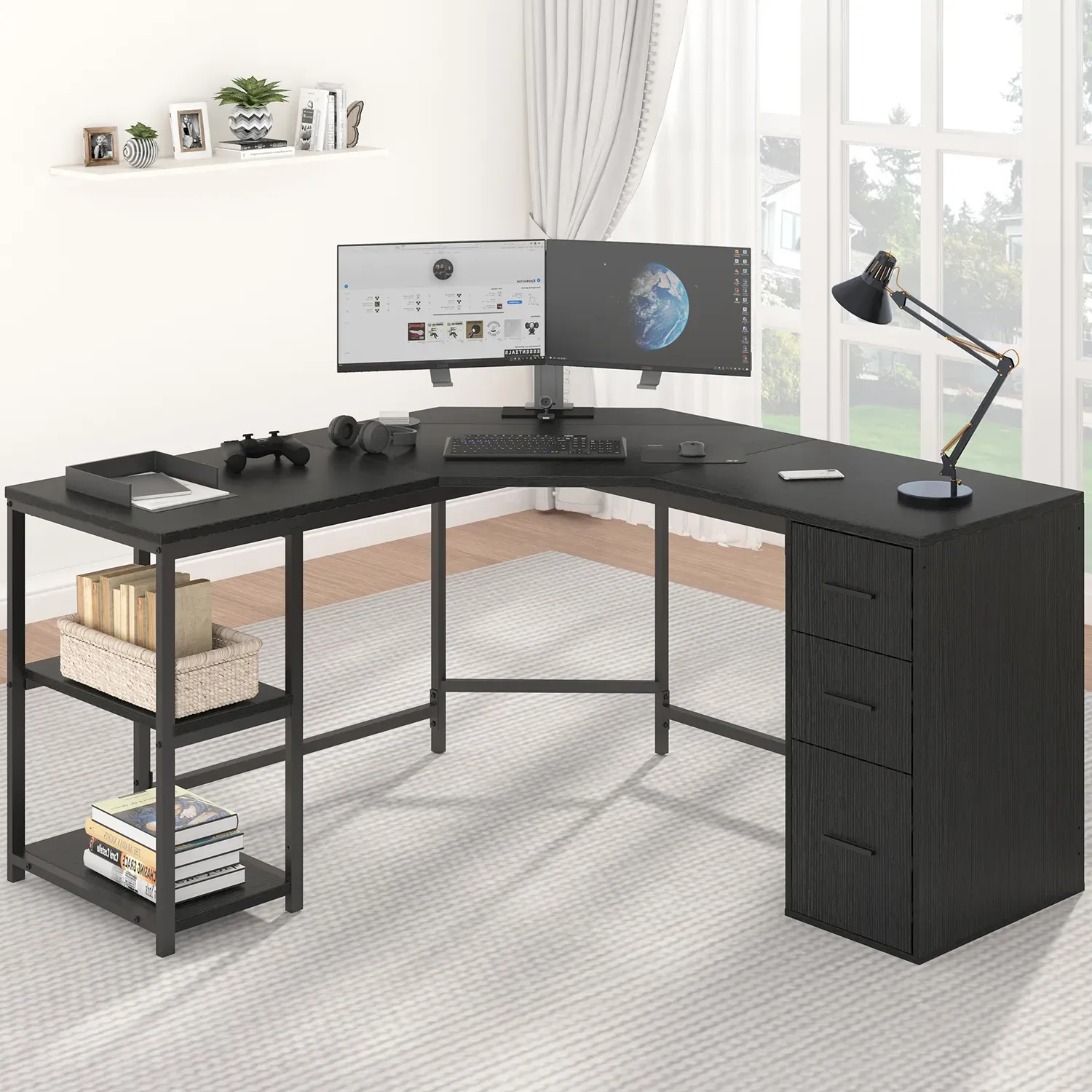 L Shape Desk com gavetas e prateleira de armazenamento, Oak_01 preto