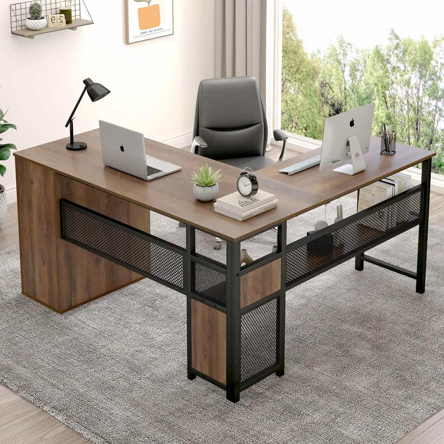 L hugis desk na may mga cabinets ng file, Rustic Oak_01