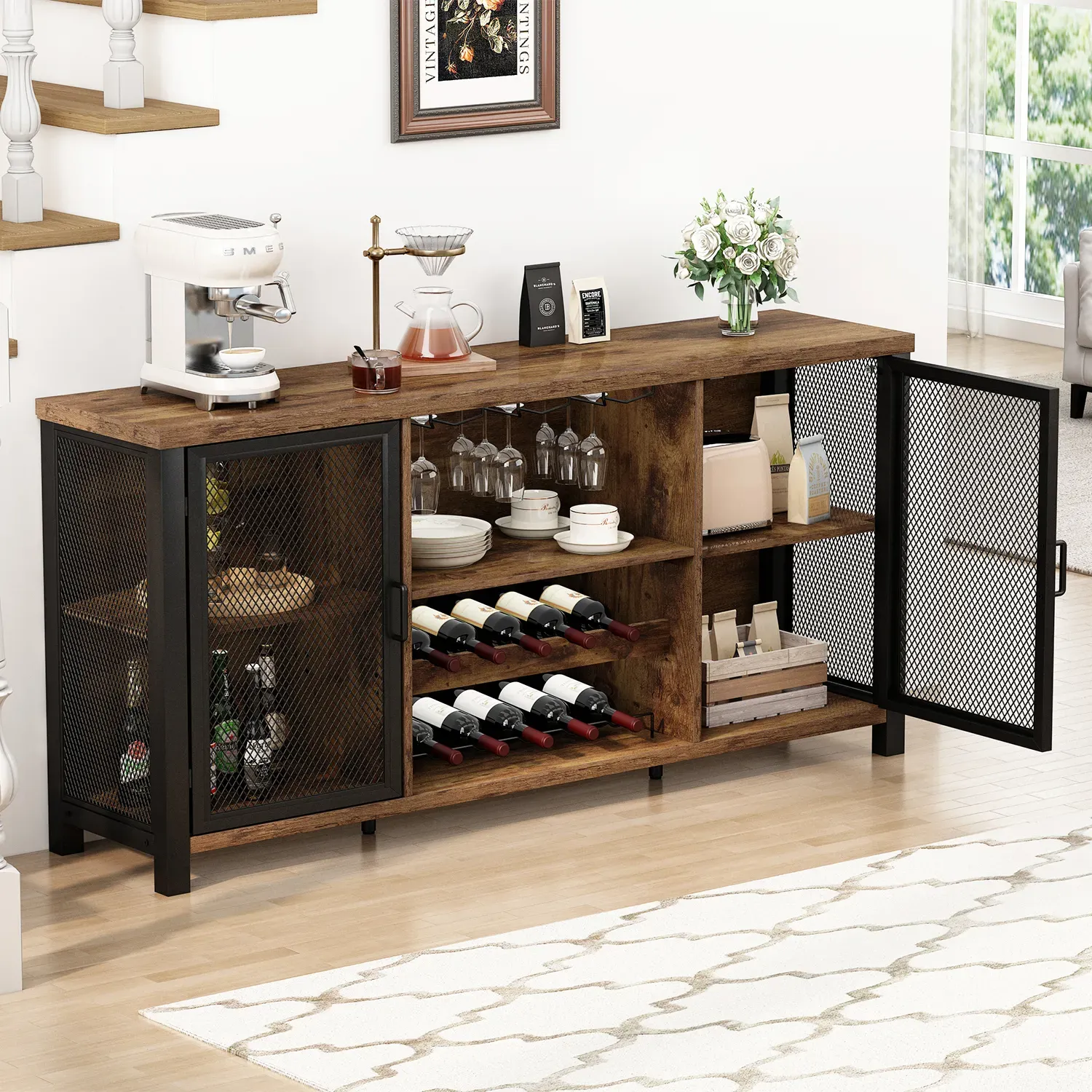 Etxeko taberna armairua ardo-rackarekin, Brown_01 rustikoa
