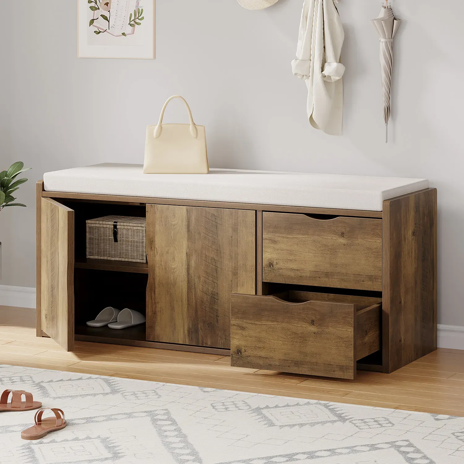 Entryway bench na may naka -pack na cushioned seat, Rustic oak 05