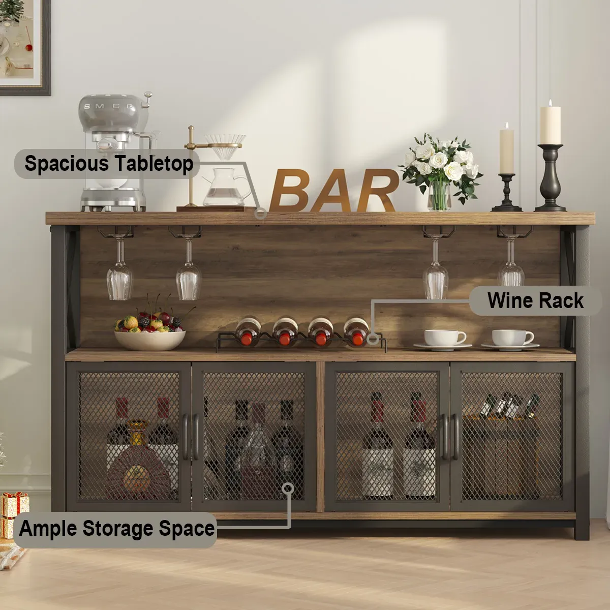 Kaffibar skápur fyrir áfengi og gleraugu, Rustic Oak_02