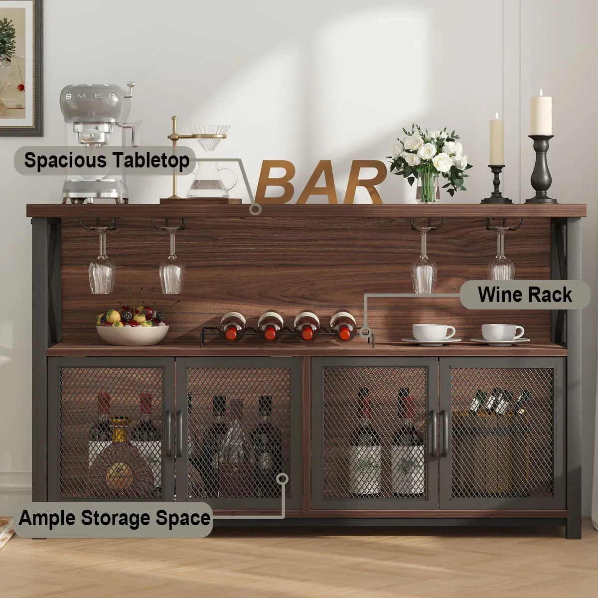 Kopi baris kabinét pikeun inuman alkohol sareng gelas, Walnut_02