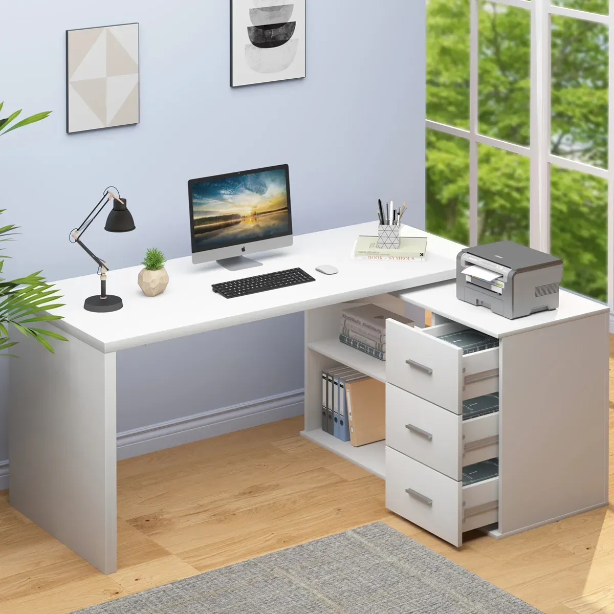 E bopehile 360 Ho potoloha ha desk ea khomphutha e nang le 3 Drawers, White Oak_02