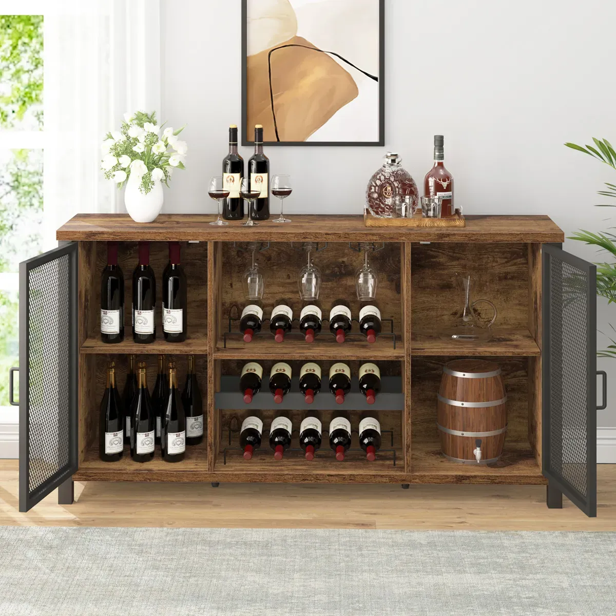 Wäin Bar Cabinet fir Likör a Brëller, Rustikal brong_02