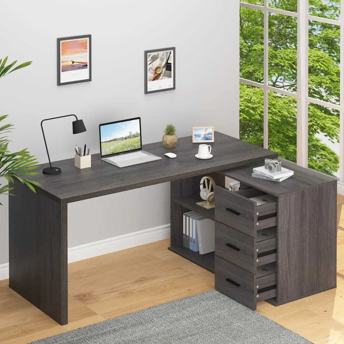 L em forma 360 Girando a mesa de computador com 3 Gavetas, Oak Gray Dark_02
