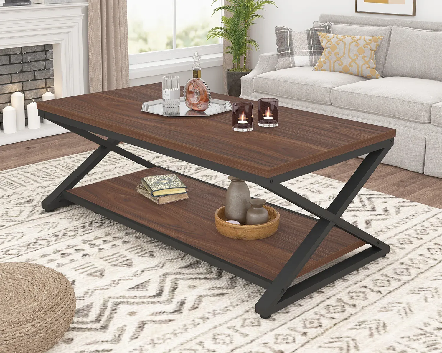 X Hugis ng Leg Coffee Table na may istante, Walnut, 47 Inch_02