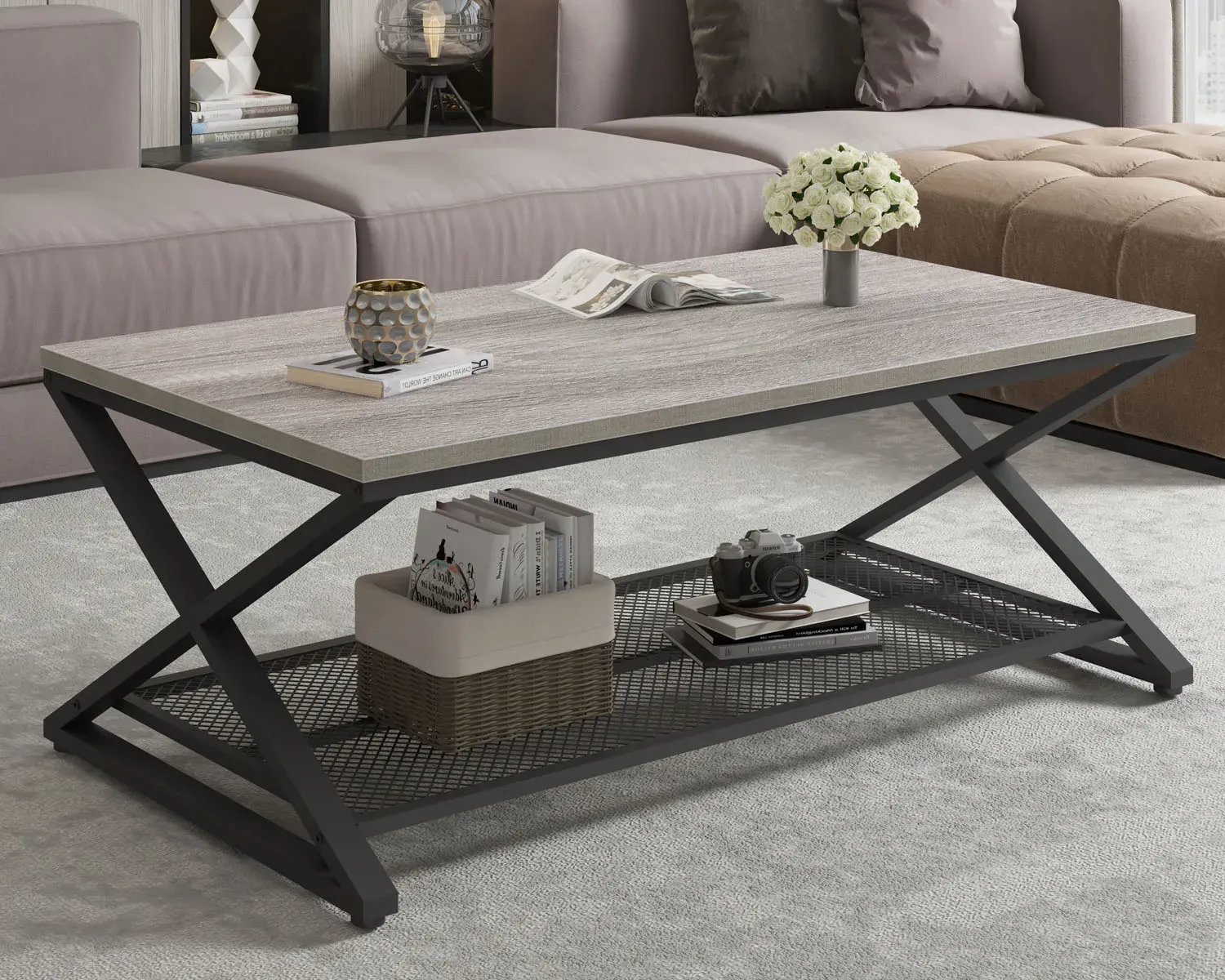 X u obliku nogu 2 Tier stol za kavu, Svijetlo sivi hrast, 47 Inch_02