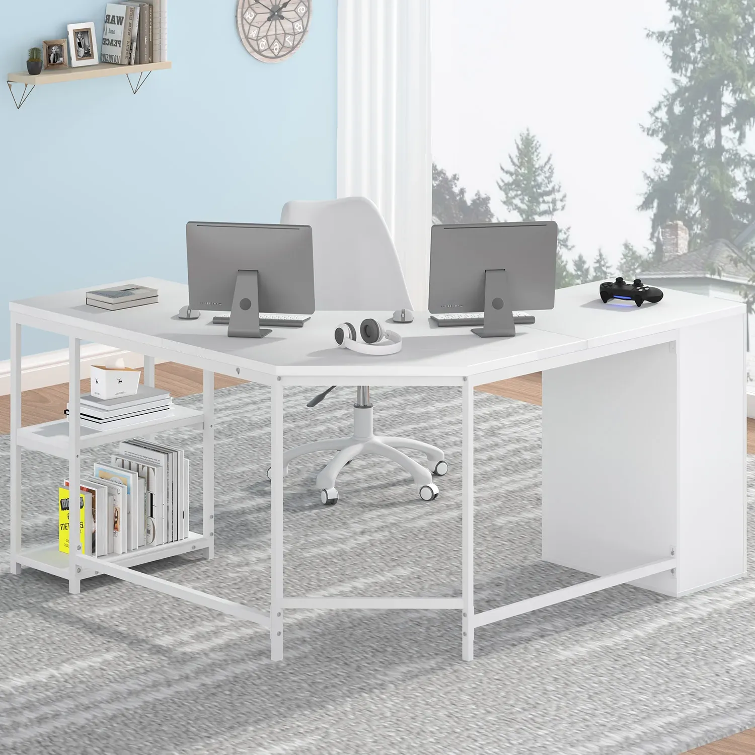 L Shape Desk com gavetas e prateleira de armazenamento, Oak_02 branco