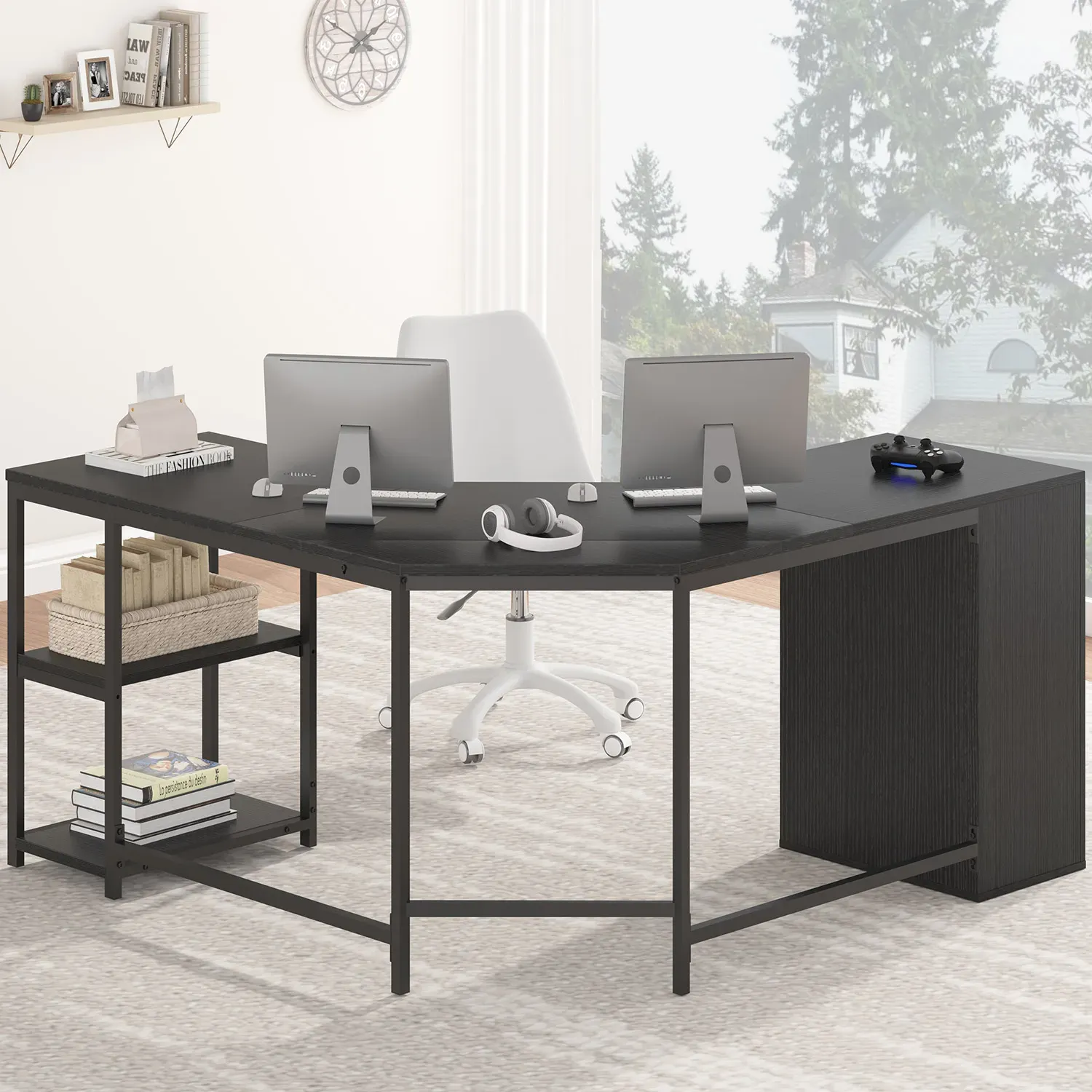 L Shape Desk com gavetas e prateleira de armazenamento, Oak_02 preto