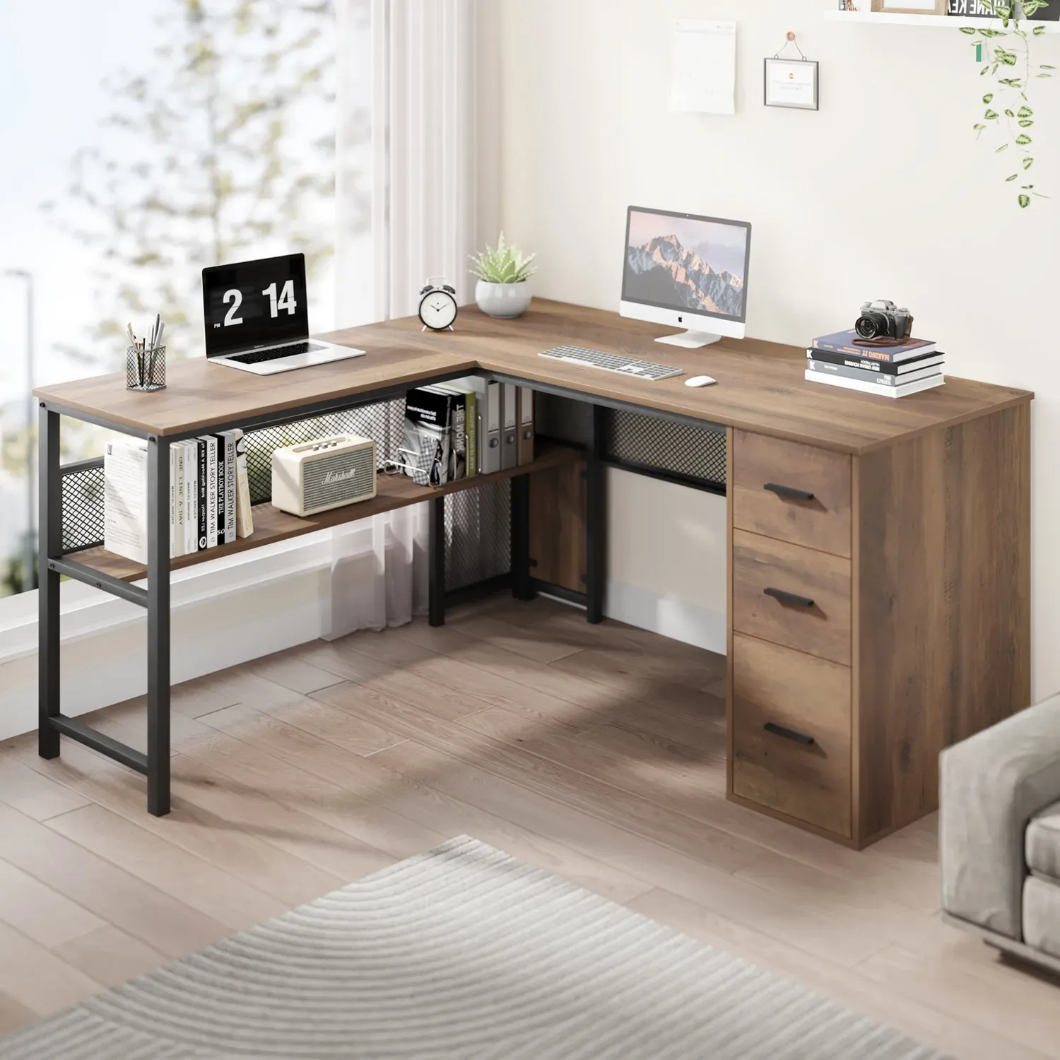 L hugis desk na may mga cabinets ng file, Rustic Oak_02