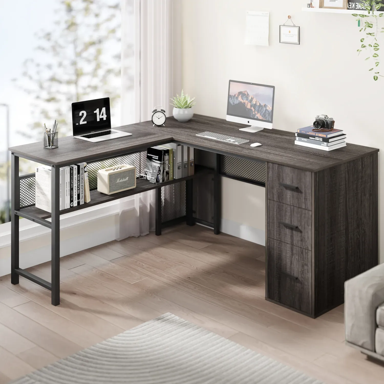 Biurko w kształcie litery L z szafkami, Ciemnoszary Oak_02