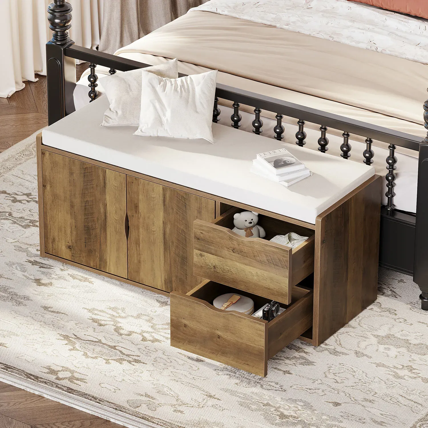 Entryway bench na may naka -pack na cushioned seat, Rustic oak 01