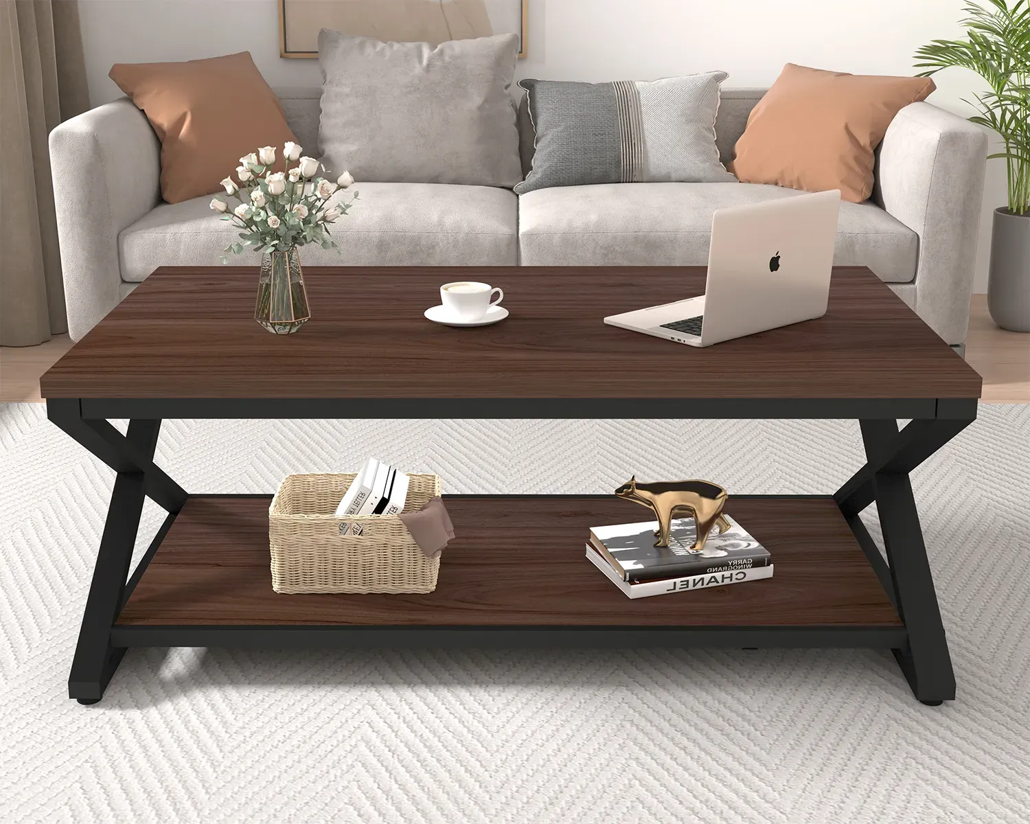 X Hugis ng Leg Coffee Table na may istante, Walnut, 47 Inch_03