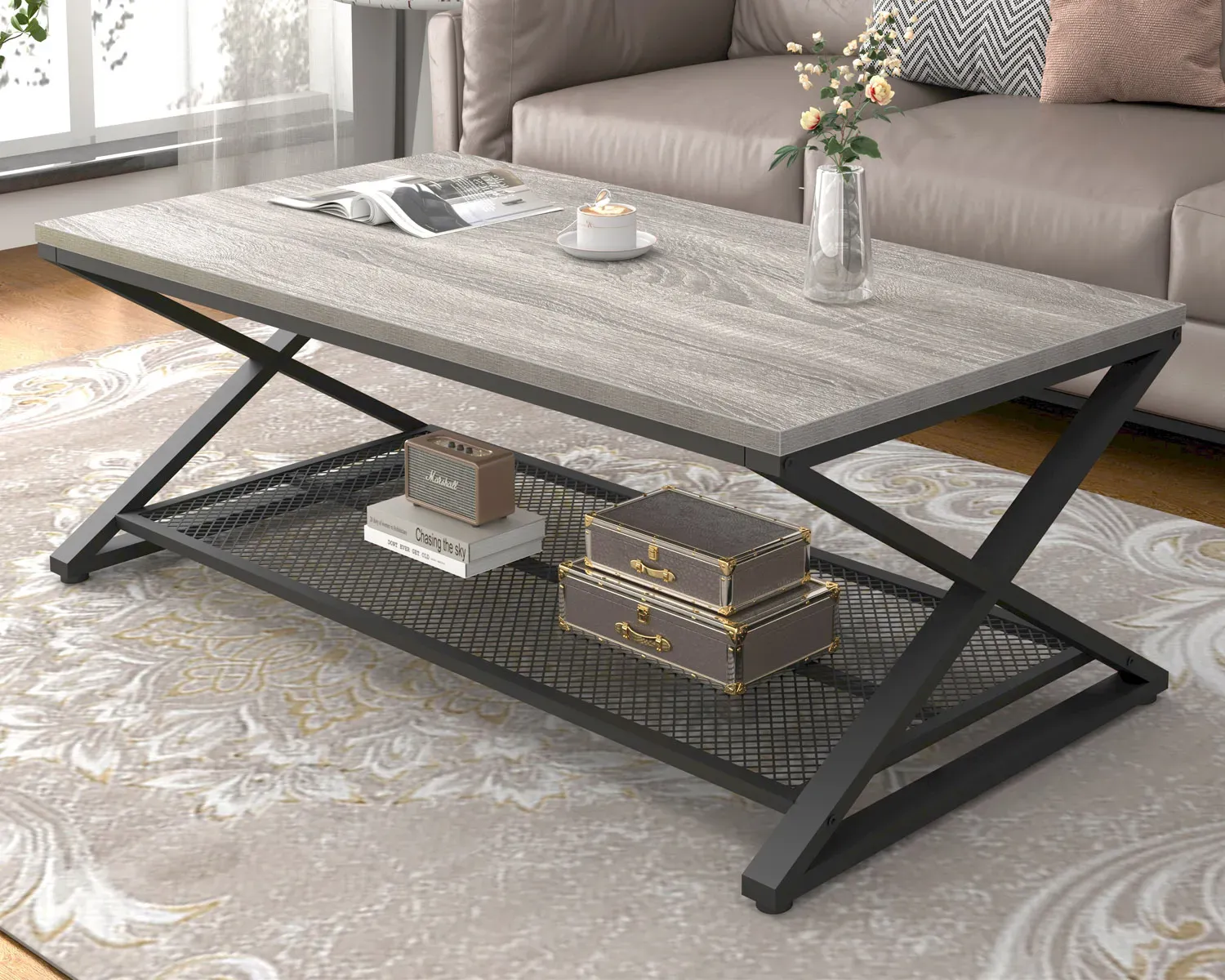 X u obliku nogu 2 Tier stol za kavu, Svijetlo sivi hrast, 47 Inch_03
