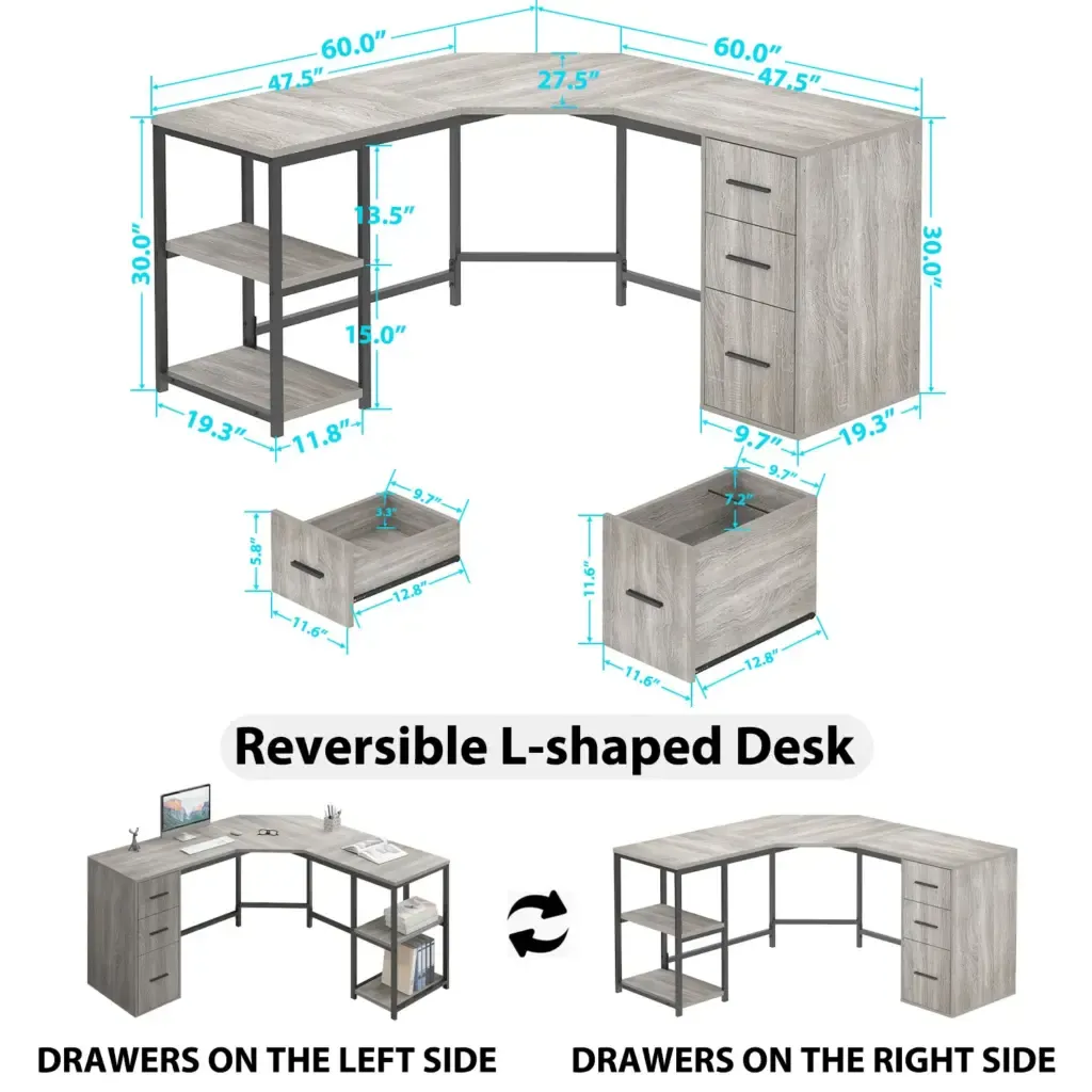 L puab lub rooj nrog cov tub rau khoom thiab txee txeew Lub teeb grey ntoo qhibab chaw cia khoom Toptrue L-Shaped Desk showing the full workspace and storage shelves