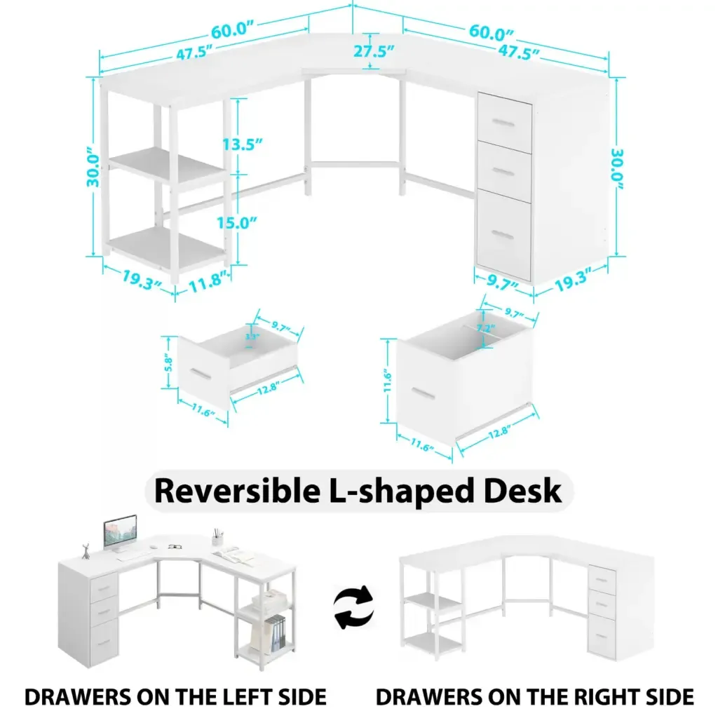 L Shape Desk com gavetas e prateleira de armazenamentoveOak brancoteleirasvisão angular Toptrue White Oak L-Shaped Desk with drawers and shelves, angled view