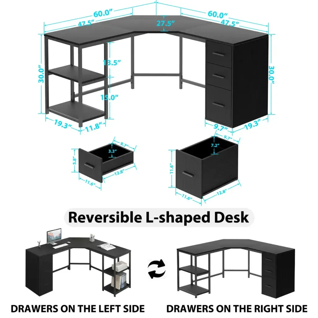 L Shape Desk com gavetas e prateleira de armazenamentota angular do espaço de trabalho mostrando gavetas e prateleiras Toptrue L-Shaped Desk, Black Oak - Angled workspace view showing drawers and shelf
