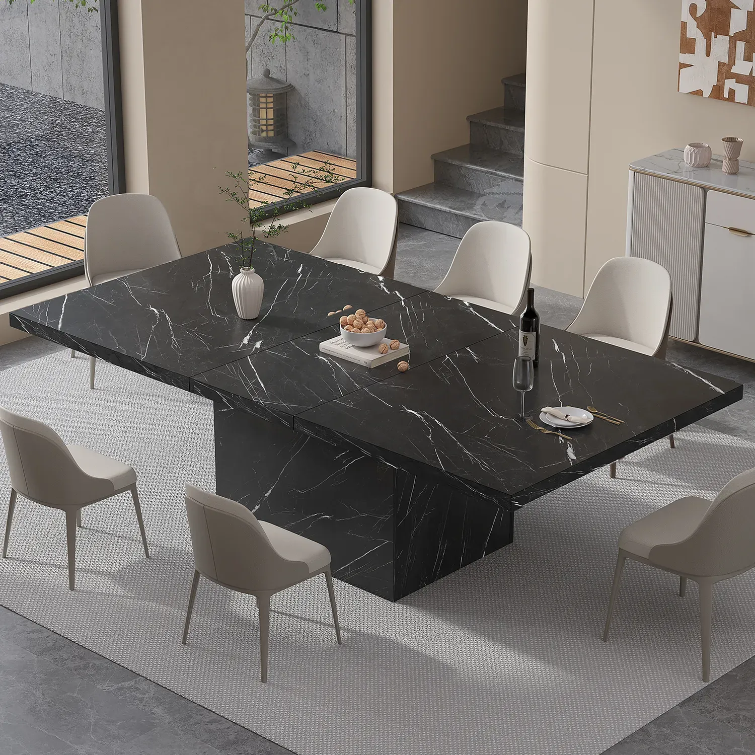 T-formad svart faux marmor matbord, 78.74 Tum 01