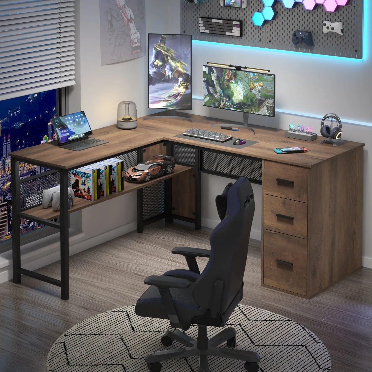 L hugis desk na may mga cabinets ng file, Rustic Oak_03