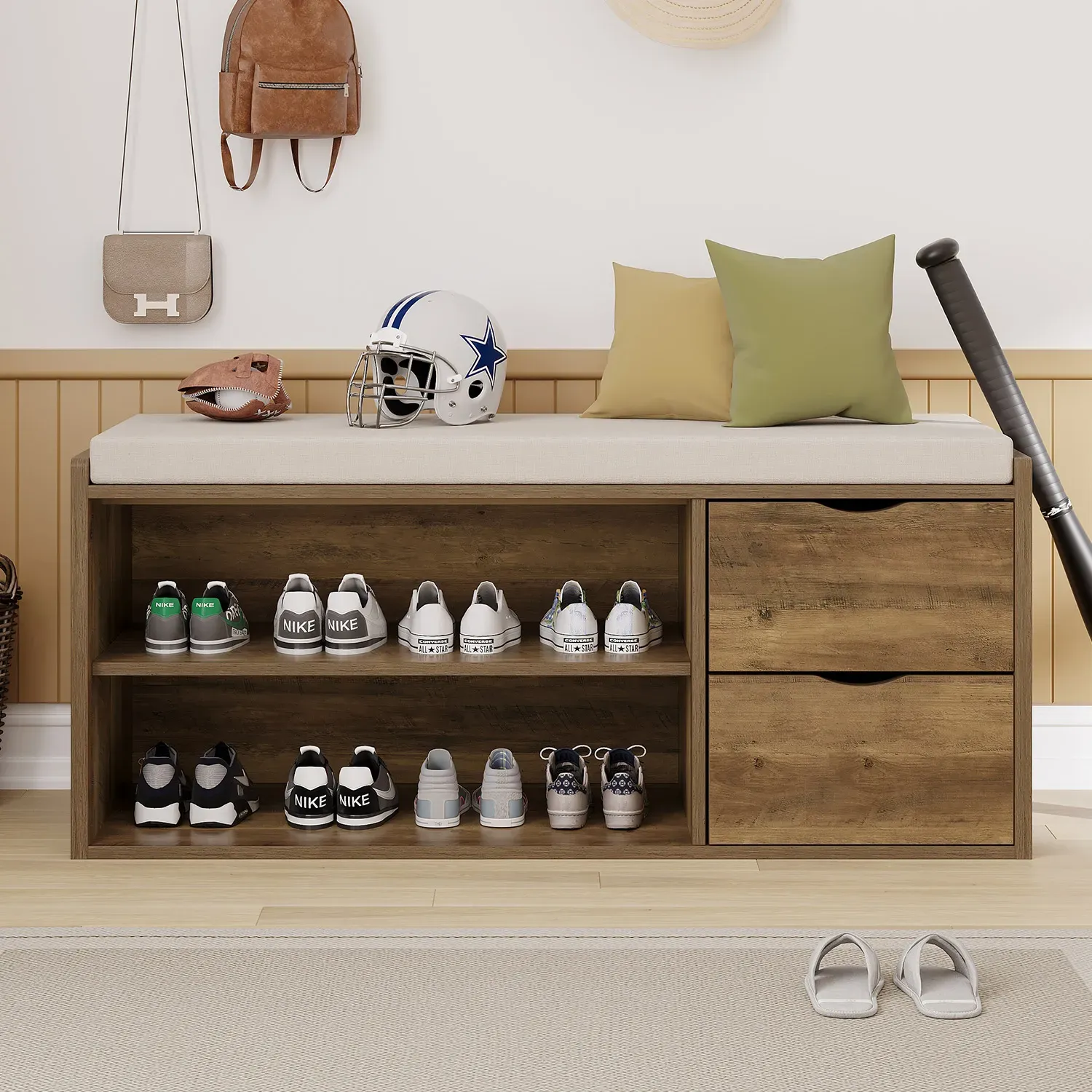 Entryway bench na may naka -pack na cushioned seat, Rustic oak 02