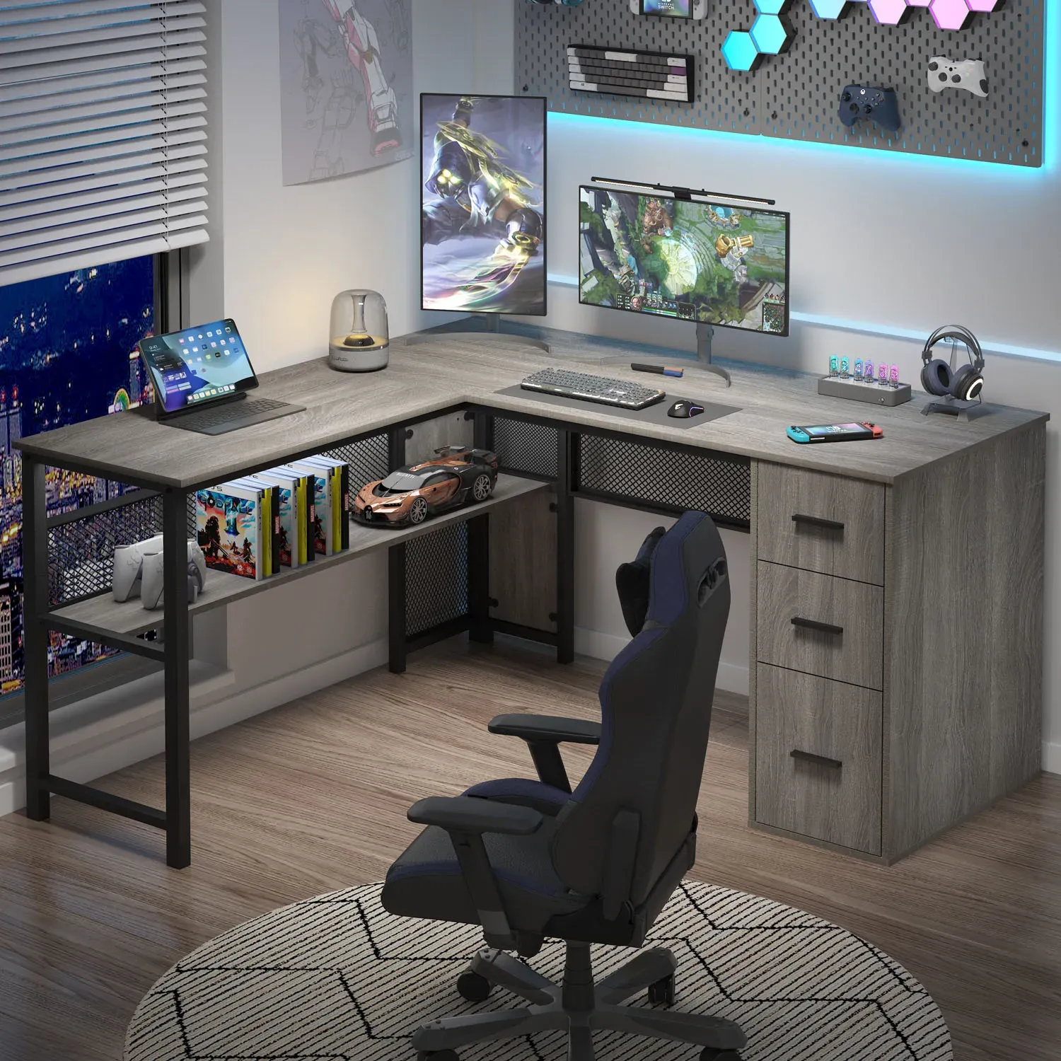 L hugis desk na may mga cabinets ng file, Light grey oak_03