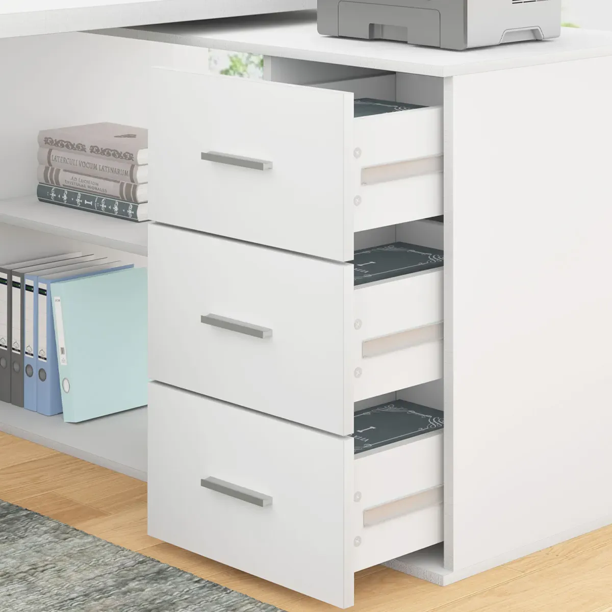 E bopehile 360 Ho potoloha ha desk ea khomphutha e nang le 3 Drawers, White Oak_04