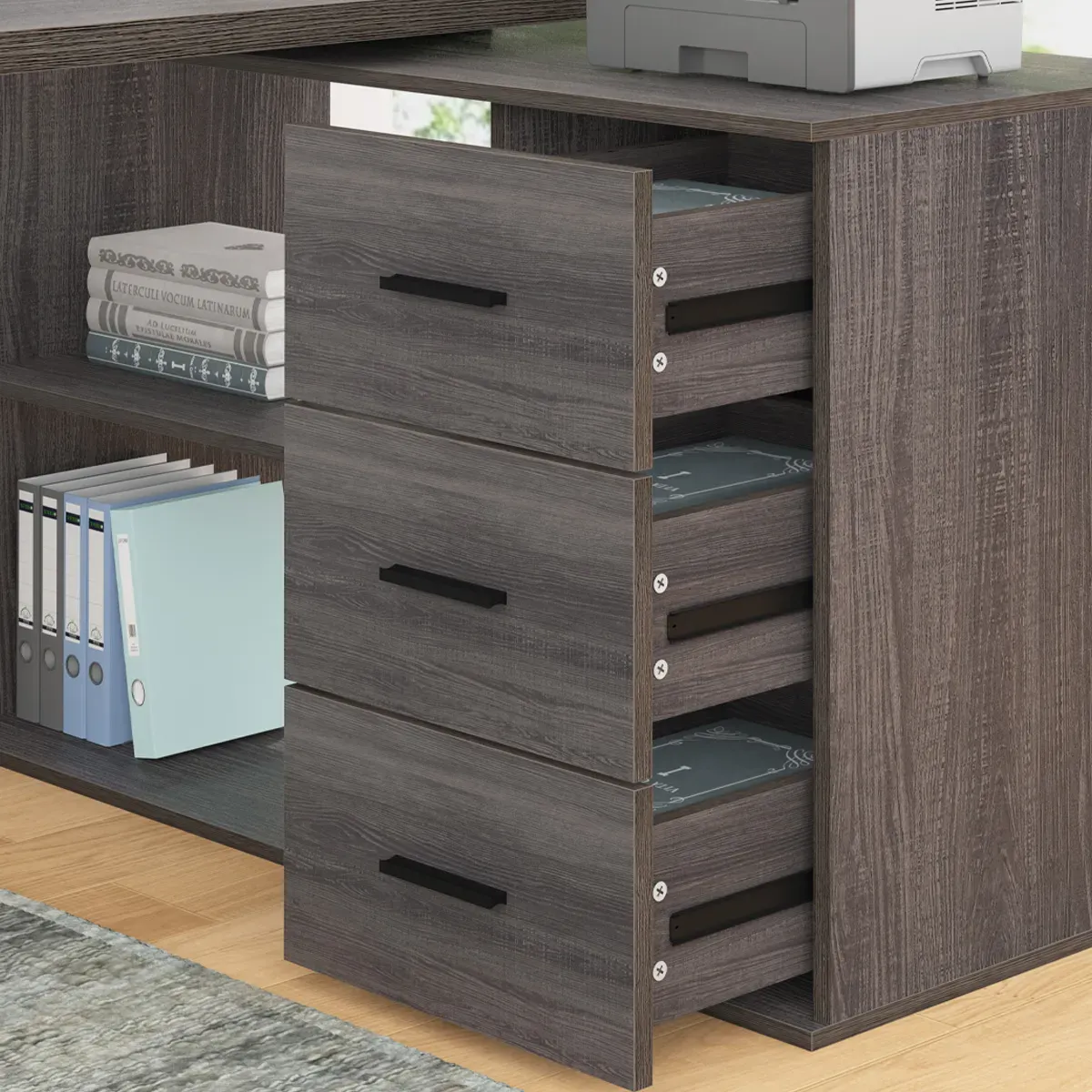 L em forma 360 Girando a mesa de computador com 3 Gavetas, Oak cinza escuro_04