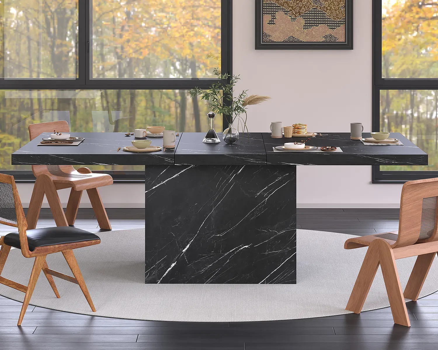T-formad svart faux marmor matbord, 78.74 Tum 02